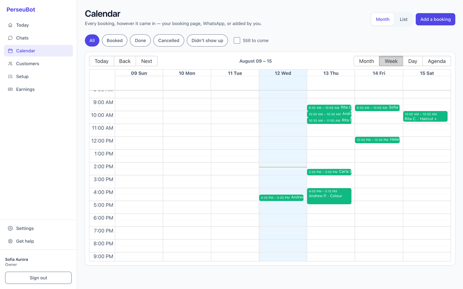 The PerseuBot weekly calendar with appointments spread across days and staff.